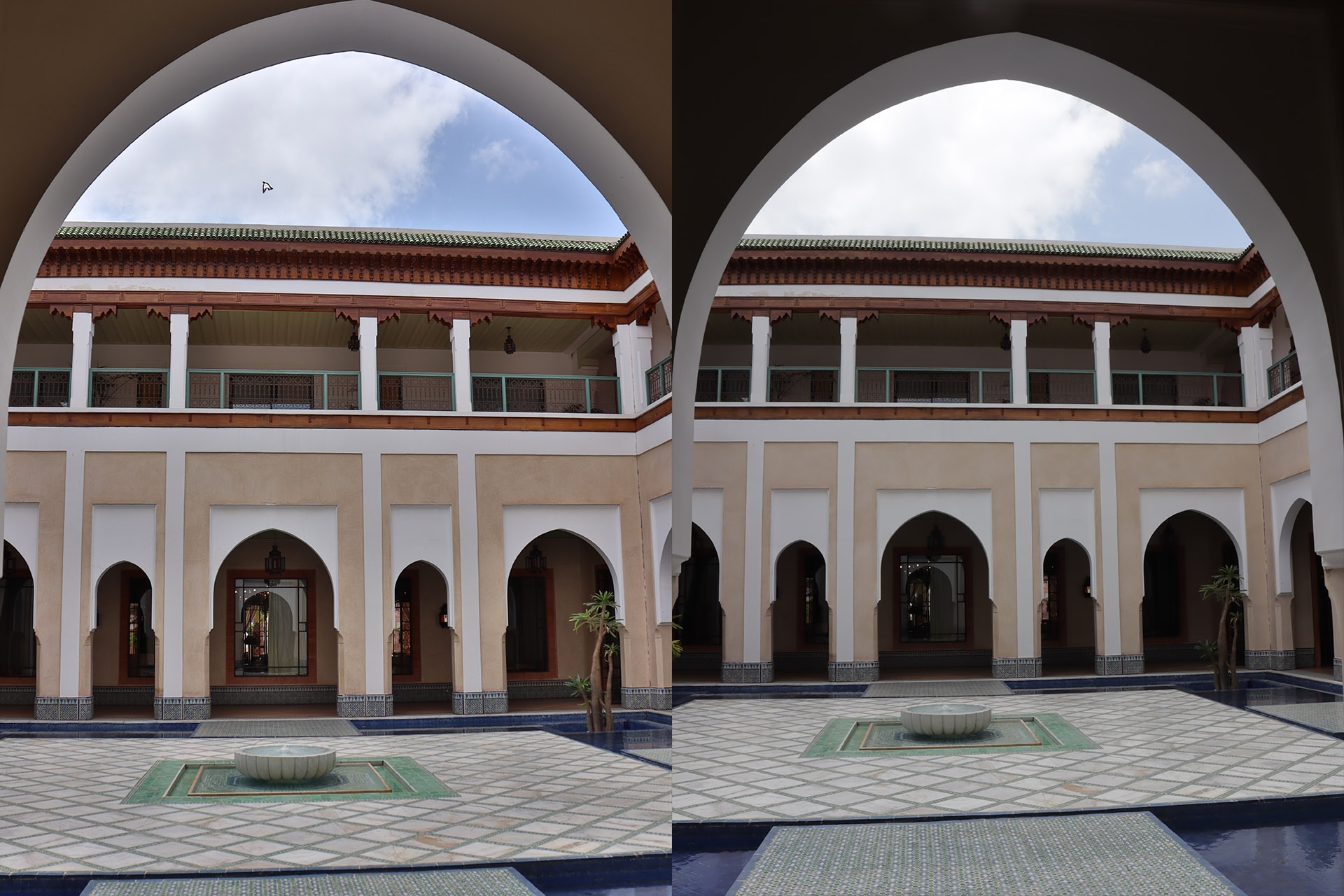 Canon EOS M50, Foto 16, 29 mm, f/5, 1/500 Sek., ISO 100. Rechts normale Aufnahme, links als HDR-Standard. Die Wolken haben mehr Konturen und die Gänge unter den Bögen treten heller in Erscheinung.