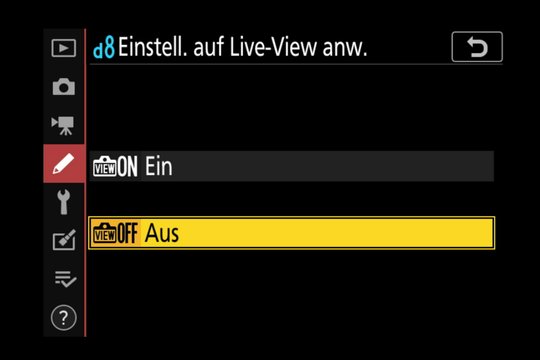 Nikon Z 7 Menüsystem: Wichtiger Punkt beim Einsatz von Studioblitzen ohne Einstelllicht - das Ausschalten des Live-View-Effektes.