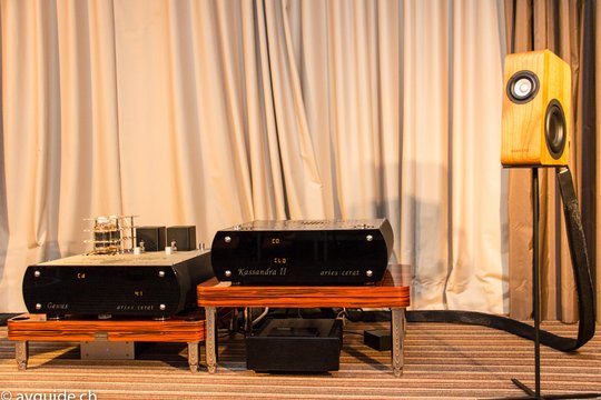 Ein etwas ungewohntes Bild: Mächtige Röhrenelektronik bei Soundcastle, zusammen mit den filigranen Boenicke-Lautsprechern. Machte tolle Musik!