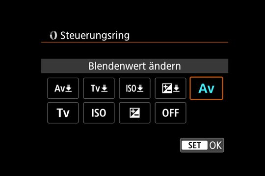 Funktionsauswahl für den Steuerungsring am Objektiv oder EOS-R-Adapter.