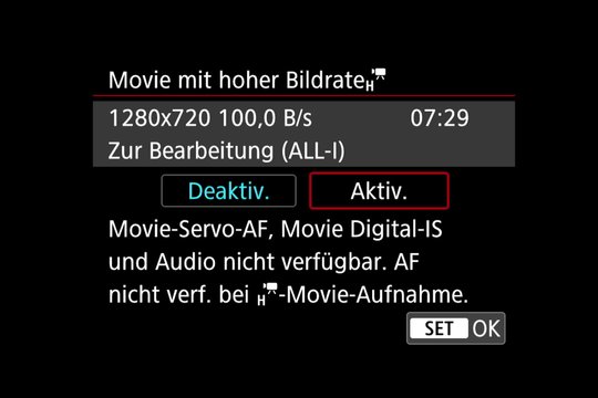 Video-Menü. Bei Zeitlupen-Aufnahmen ist so ziemlich alles deaktiviert.