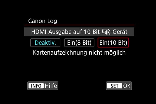 Video-Menü. Canon-Log-Einstellung für externe 4K-Aufzeichnung.