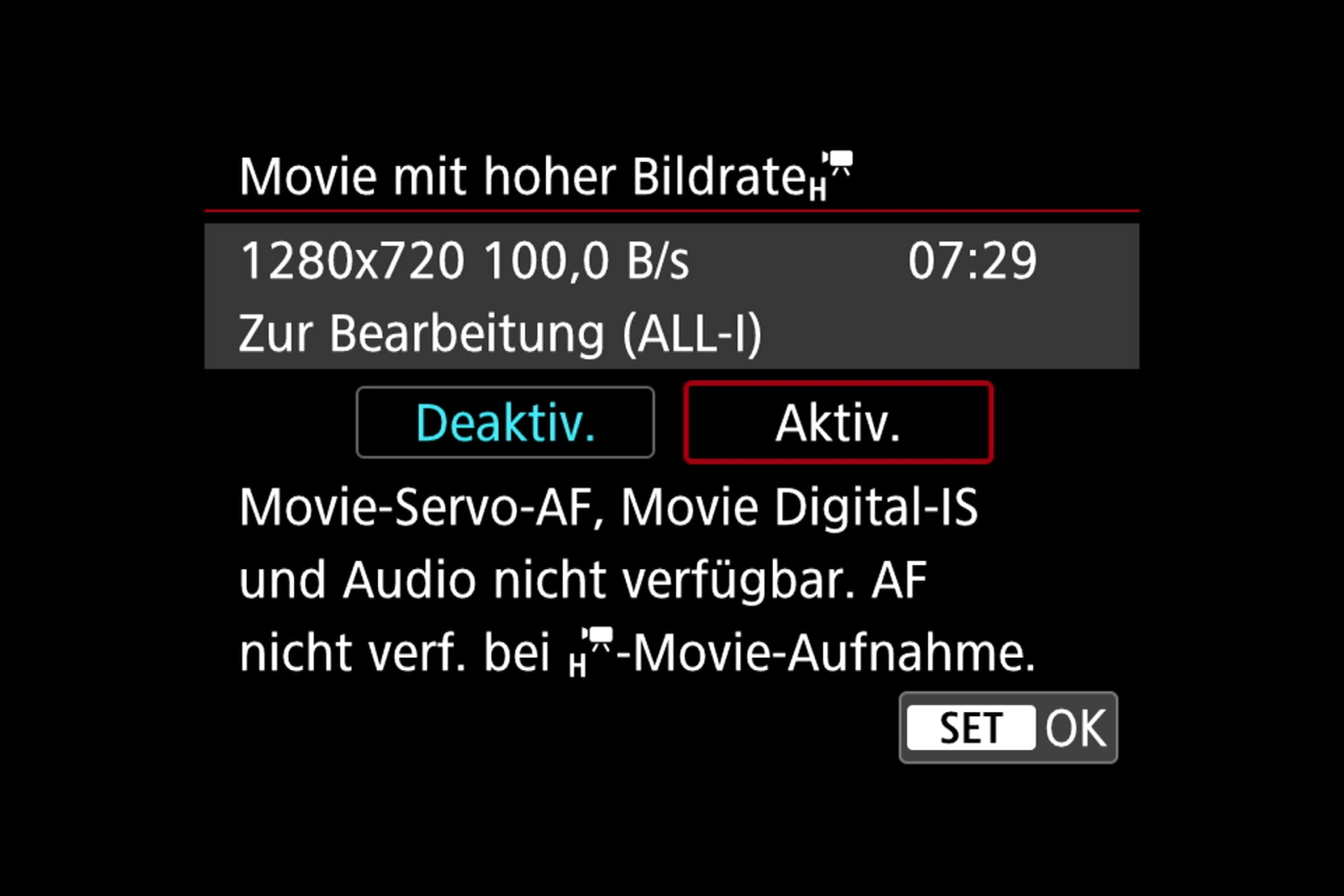 Video-Menü. Bei Zeitlupen-Aufnahmen ist so ziemlich alles deaktiviert.