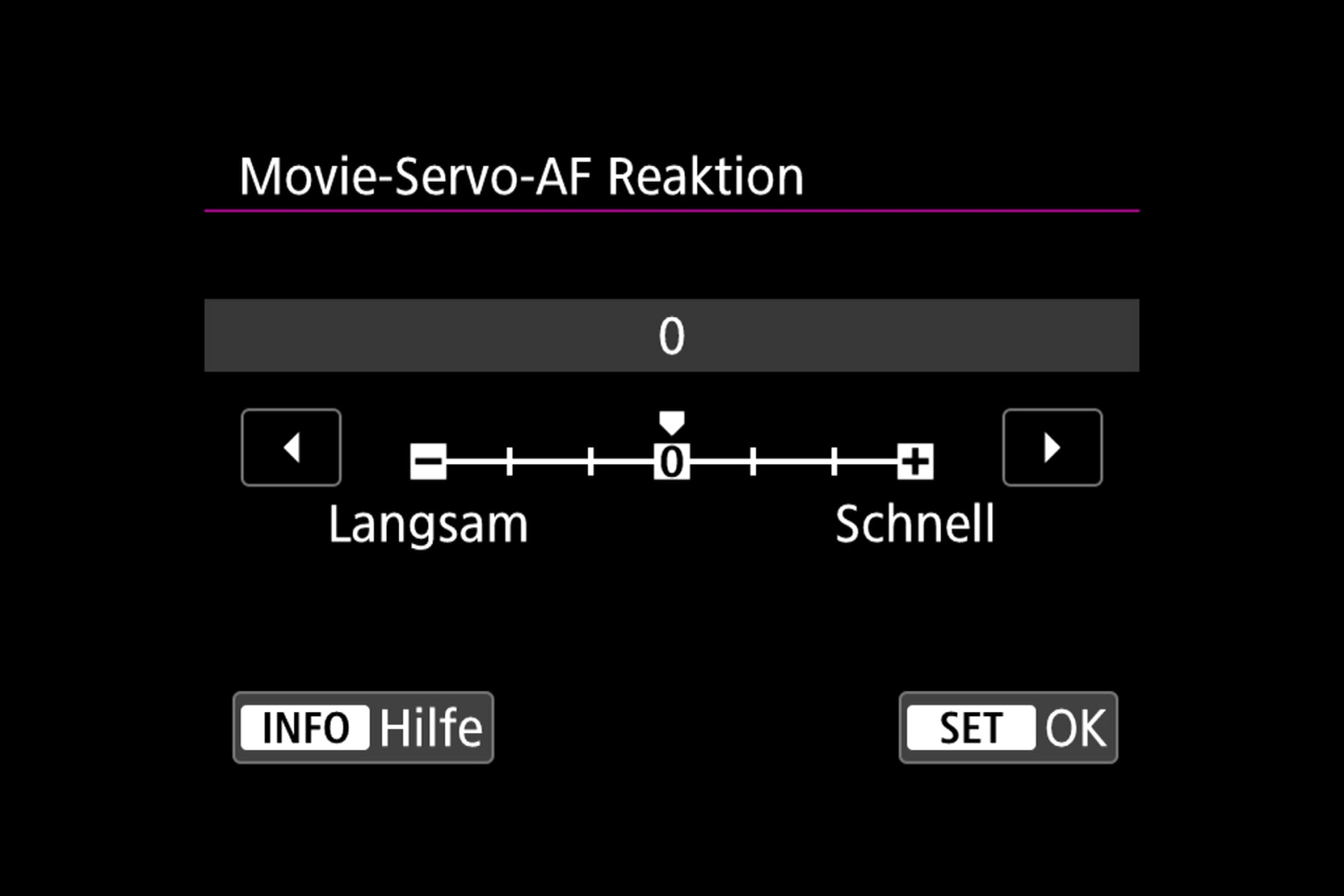 Video-Menü. Wahl der Autofokus-Reaktion.