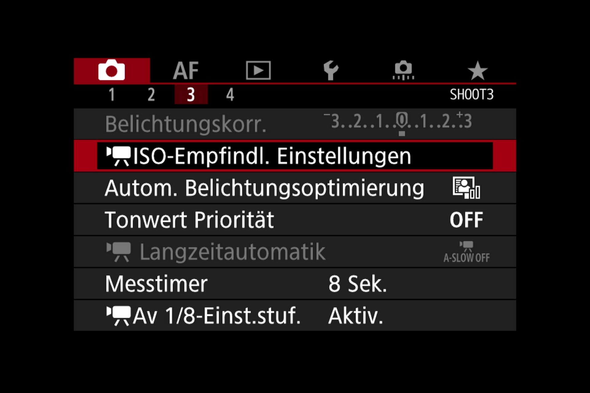 Video-Menü. Die Blende von RF-Objektiven kann in 1/8-Stufen geregelt werden. Menüpunkt ganz unten.