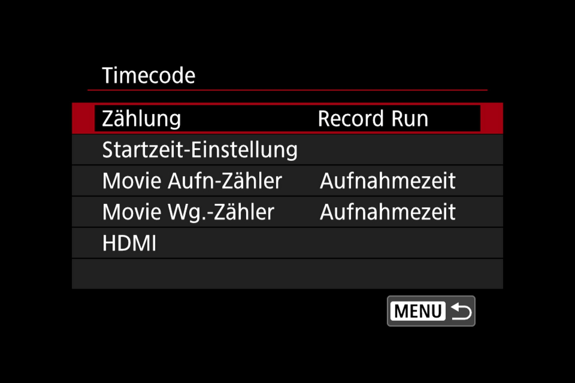 Video-Menü. Zeitcode-Einstellungen.