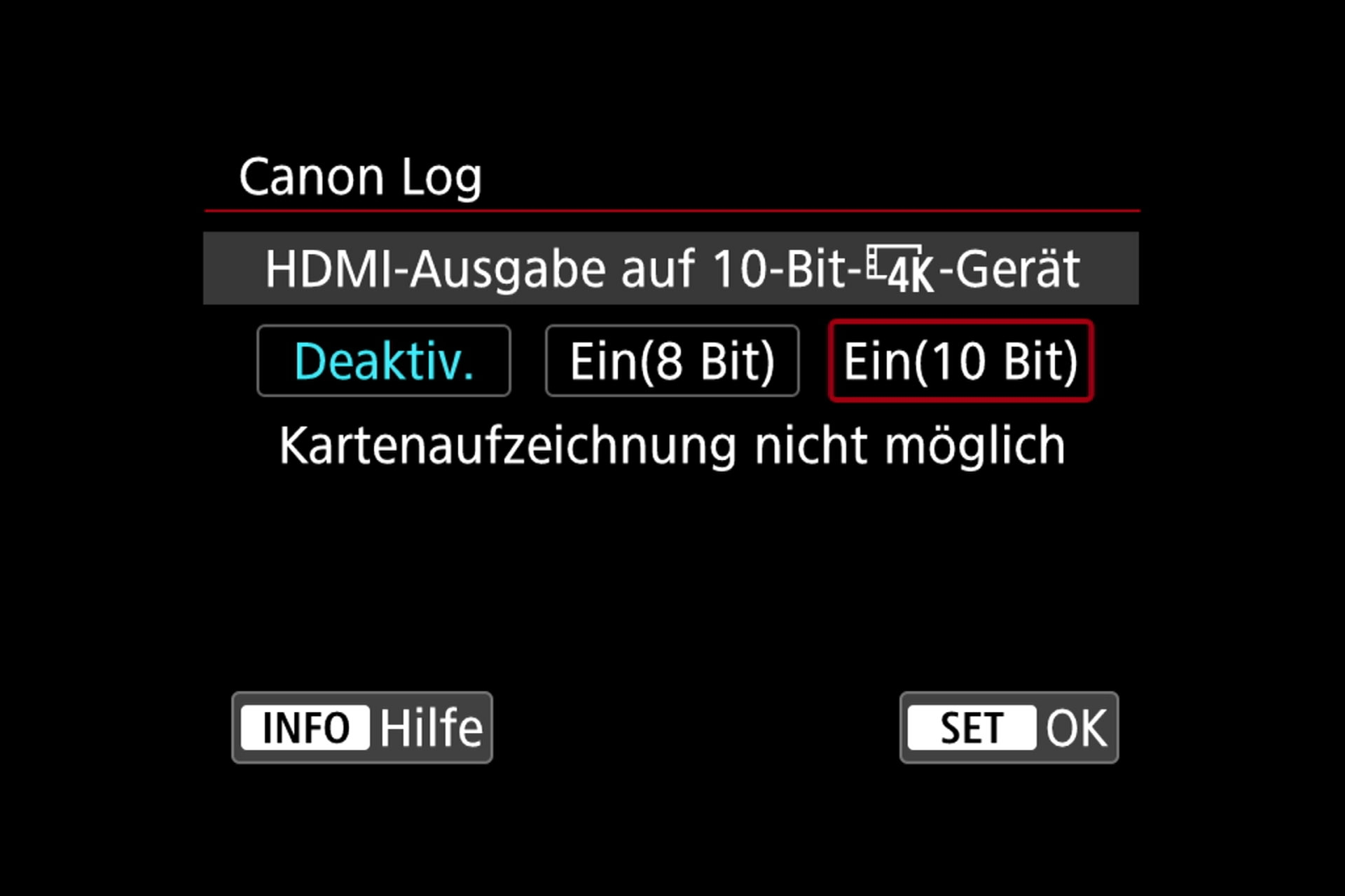 Video-Menü. Canon-Log-Einstellung für externe 4K-Aufzeichnung.