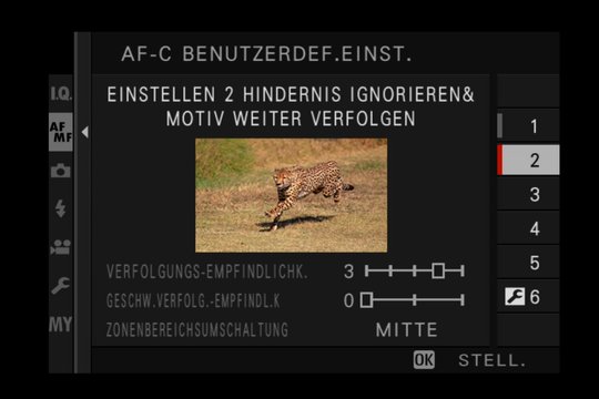 Einstellung 2: Verfolgung eines bestimmten Objektes, z.B. Tiere oder Zug (plötzlich auftretende Hindernisse werden ignoriert, Hauptobjekt bleibt im Fokus). 