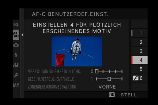 Einstellung 4: Fokussiert schnell auf Objekte, welche plötzlich im Fokusbereich auftauchen, z.B. Skirennen, Extremsport.