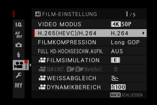 Videomenü 1: Generelle Einstellungen zu Auflösung, Codec, Komprimierung und Filmsimulation.