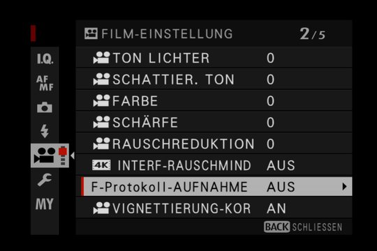 Videomenü 2: Individuelle Einstellungen zur Videobild-Qualität. Mit F-Protokoll ist die F-Log-Aufzeichnung gemeint.