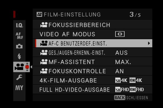 Videomenü 3: Alles übers Fokussieren und Gesicht/Augen-Erkennungs-Modi, inkl. externer Filmausgabe.
