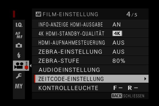 Videomenü 4: Bildkontrolle, Tonaussteuerung und Zeitcode-Einsatz.