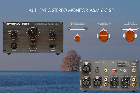 Amoenus Audio stellt den «Authentic Stereo Monitor ASM 6-3 SP» vor, der mit Hilfe des patentierten Algorithmus «amoenus externus» das ursprüngliche Klangbild einer Stereoaufnahme auf Kopfhörer transformiert – für authentisches, angenehmes Hören.