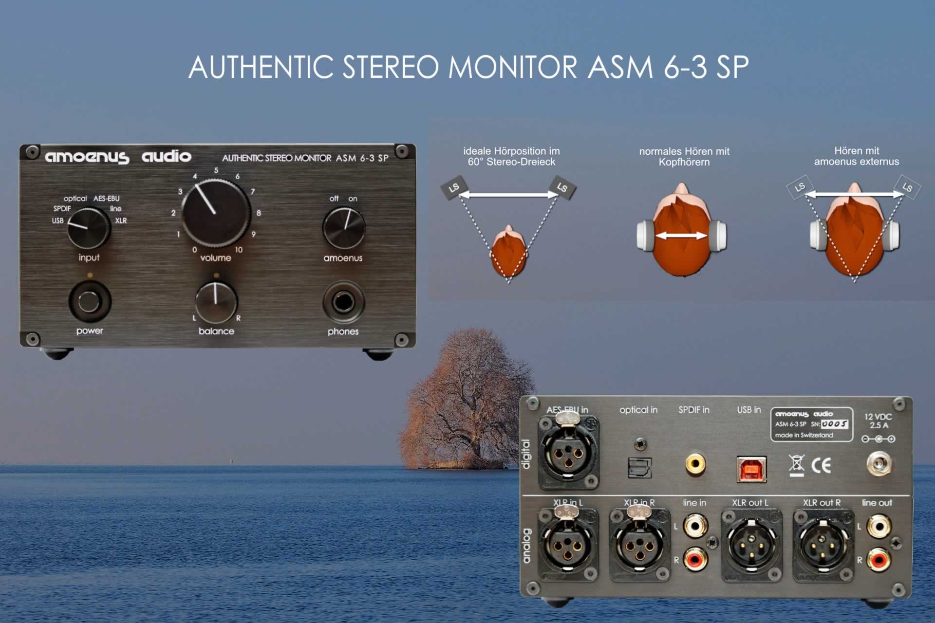 Amoenus Audio stellt den «Authentic Stereo Monitor ASM 6-3 SP» vor, der mit Hilfe des patentierten Algorithmus «amoenus externus» das ursprüngliche Klangbild einer Stereoaufnahme auf Kopfhörer transformiert – für authentisches, angenehmes Hören.