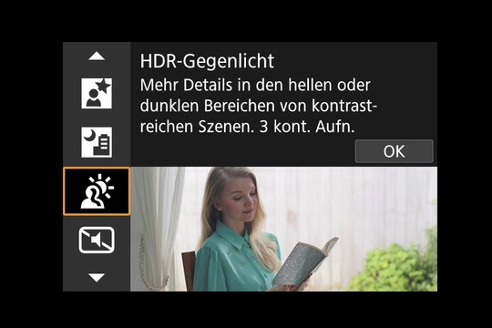 Wahlrad-Symbol SCN, Untermenü HDR-Gegenlicht.
