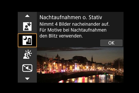 Wahlrad-Symbol SCN, Untermenü Nachtaufnahmen ohne Stativ.
