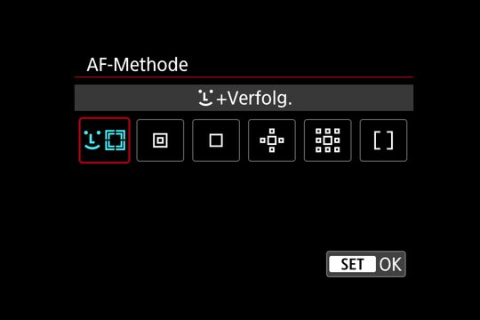 Autofokus-Methode. Von links: Gesichtserkennung und Verfolgung, Spot-AF, Einzelfeld-AF, AF-Bereich erweitern, AF-Bereich erweitern auf Umgebung, AF-Messfeldwahl in Zone.