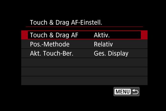 Autofokus-Touch-Einstellungen. Akt. Touch-Ber. = Bestimmen der aktiven Berührungsfläche.