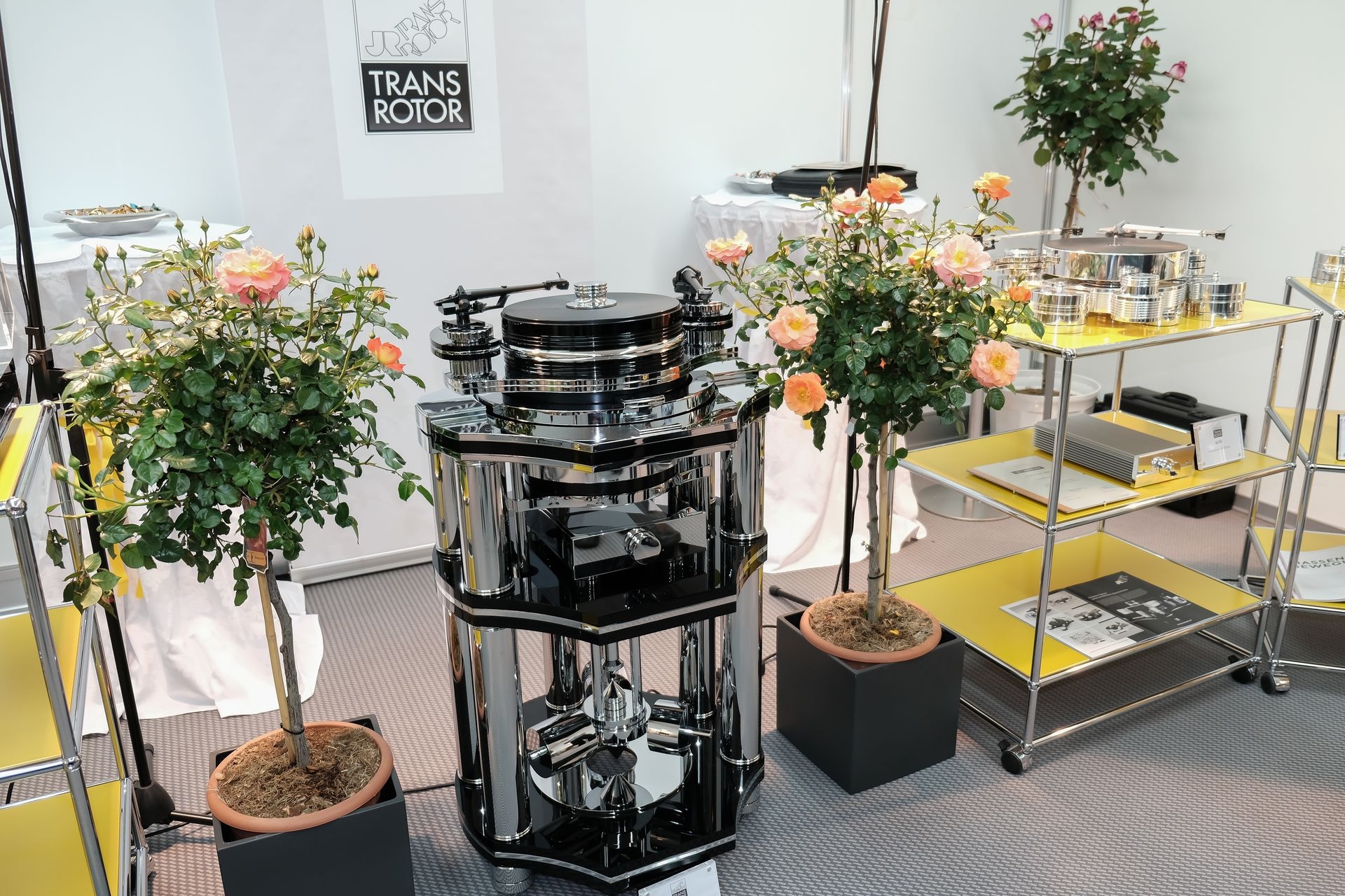 Der deutsche Hersteller Transrotor zeigte einen der schönsten Messeauftritte, nach dem Motto: «Zeigs mit Rosen». Das Porfolio beinhaltet auch zahlreiche bezahlbare Plattenspieler sowie Phono-Pre und Kopfhörerverstärker.