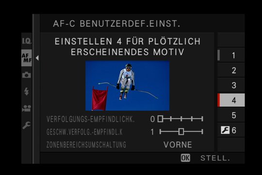 Einstellung 4: Fokussiert schnell auf Objekte, welche plötzlich im Fokusbereich auftauchen, z.B. Skirennen, Extremsport. 