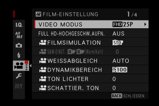 Videomenü 1: Generelle Einstellungen zu Auflösung, Codec, Komprimierung und Filmsimulation.