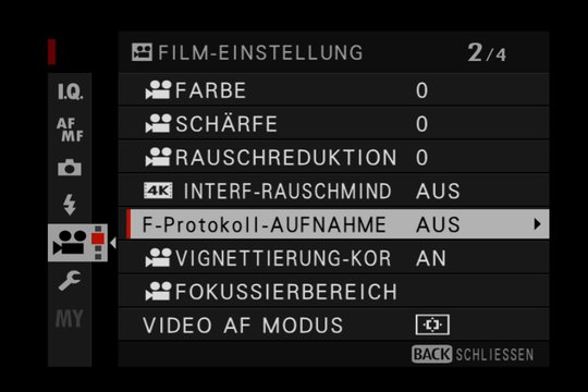 Videomenü 2: Videobild-Qualität. Mit F-Protokoll ist die F-Log-Aufzeichnung gemeint.