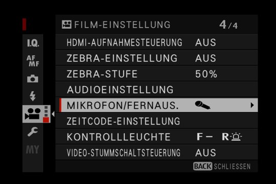 Videomenü 4: Bildkontrolle, Tonaussteuerung und Zeitcode-Einsatz.