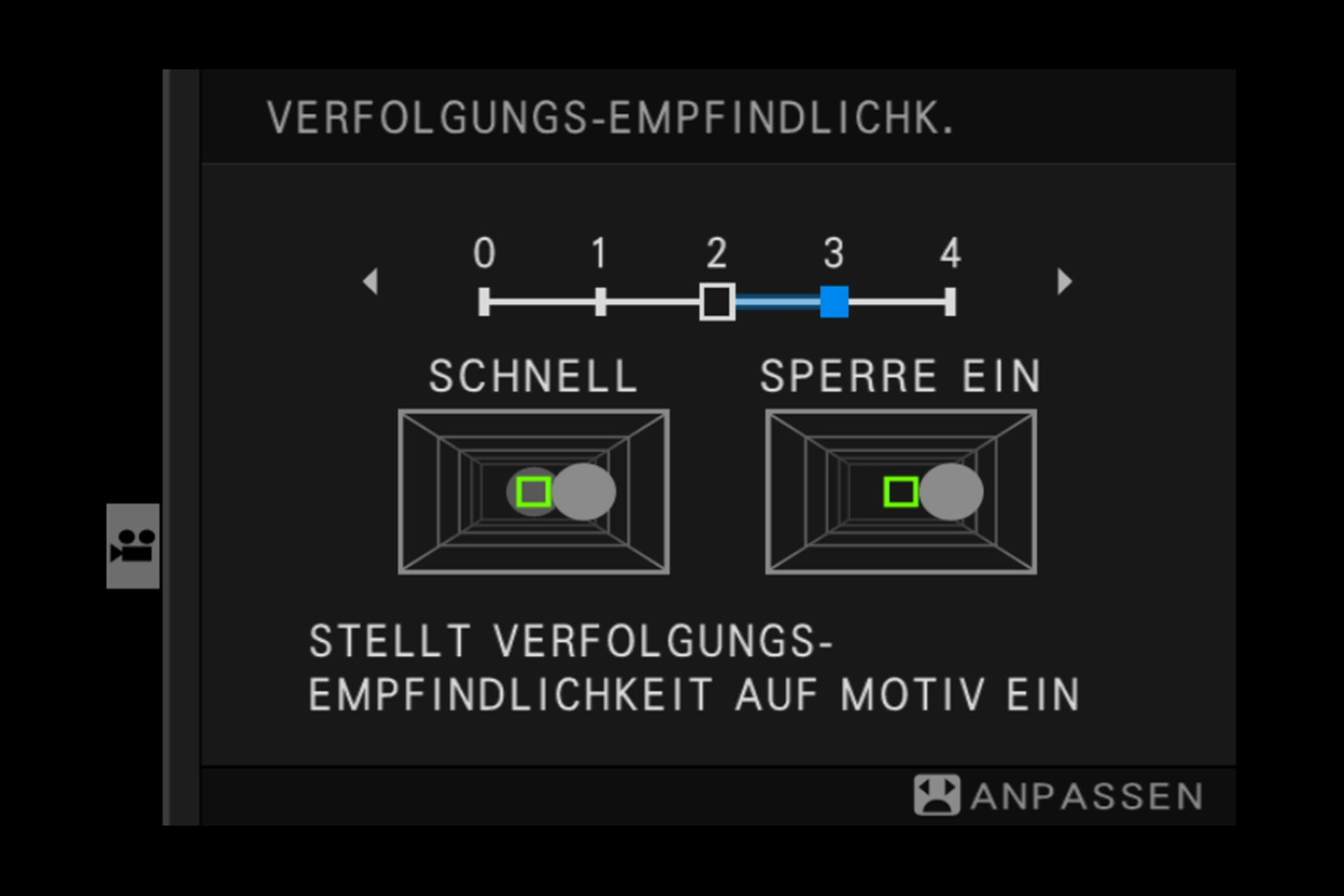 Videomenü 3, Untermenü Verfolgungsempfindlichkeit: Wie lange soll die Kamera abwarten, bis der Fokus neu ermittelt wird?