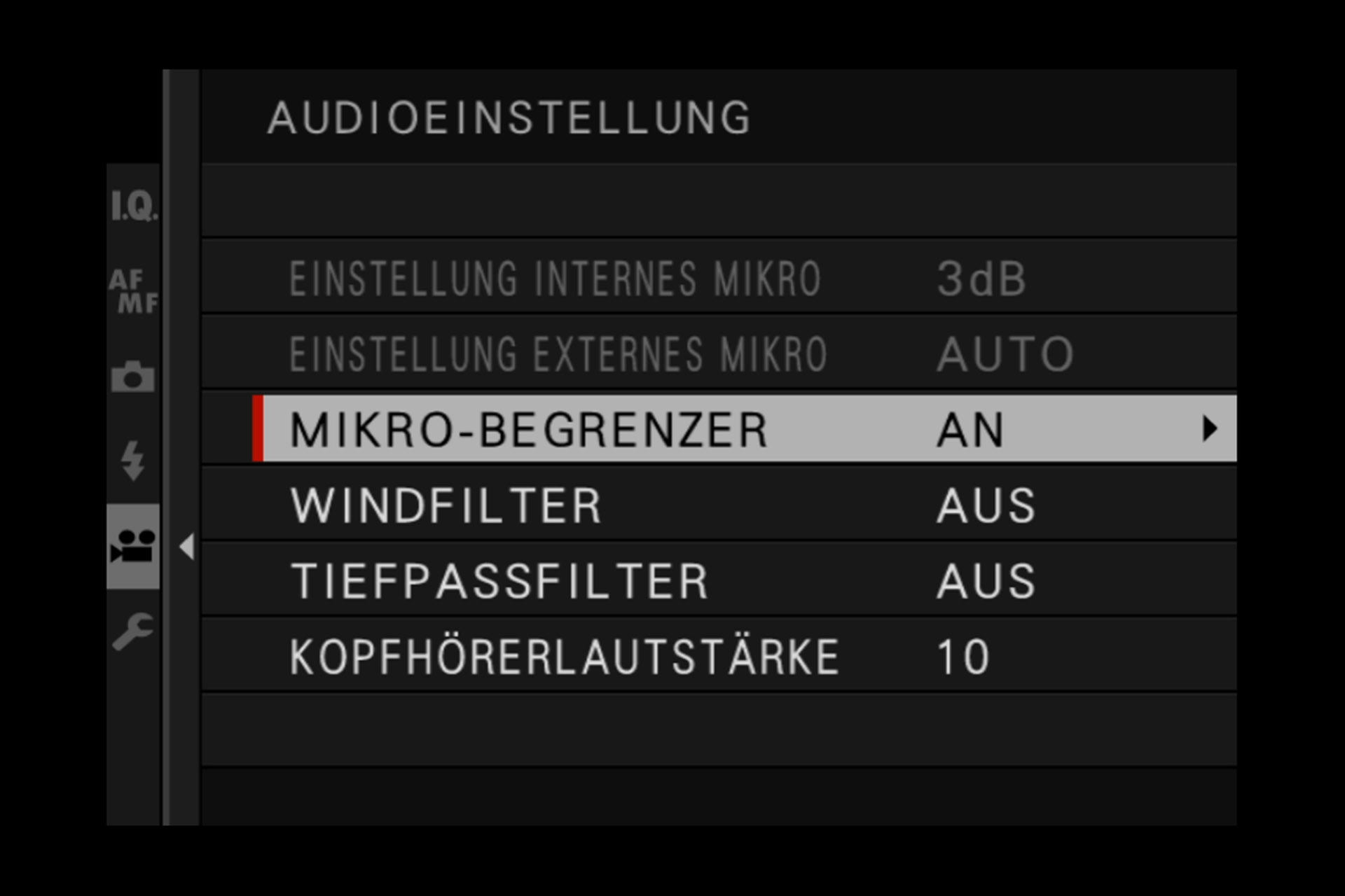 Videomenü 4, Untermenü Toneinstellung: Umfassende Mikrofon-Konfiguration.
