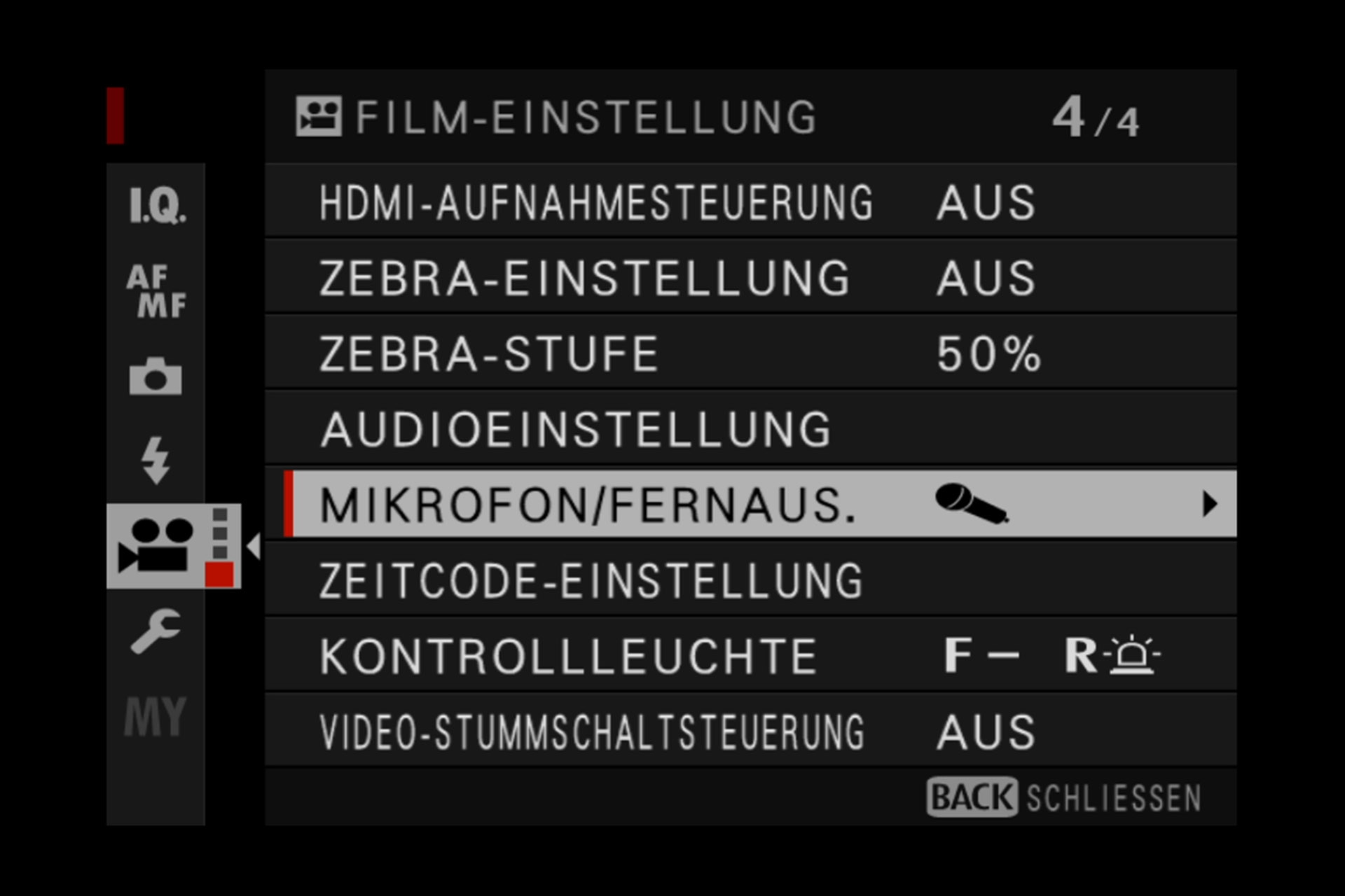 Videomenü 4: Bildkontrolle, Tonaussteuerung und Zeitcode-Einsatz.
