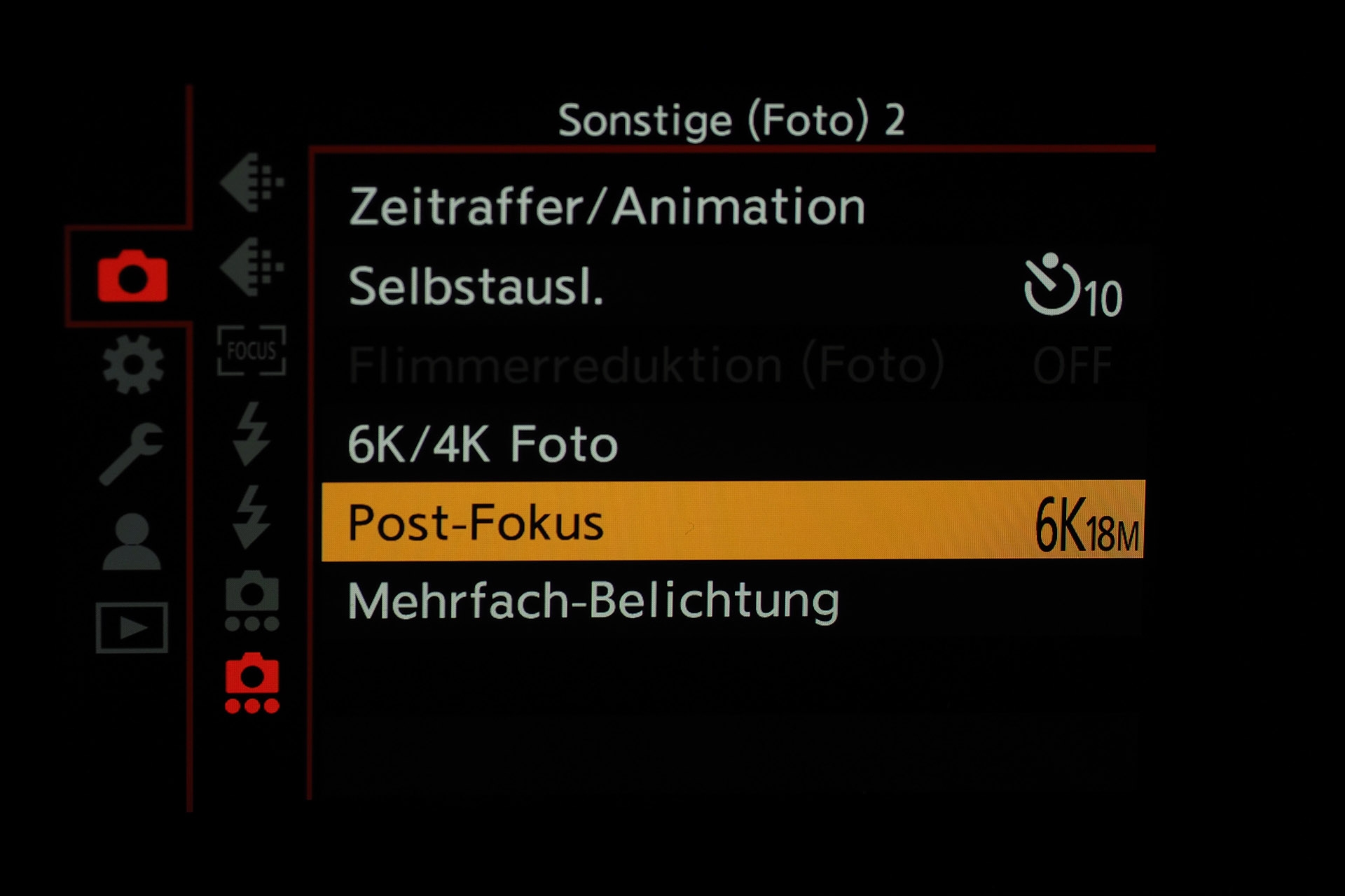 Einstellungen für Zeitraffer, 6K/4K-Foto und Post-Fokus.