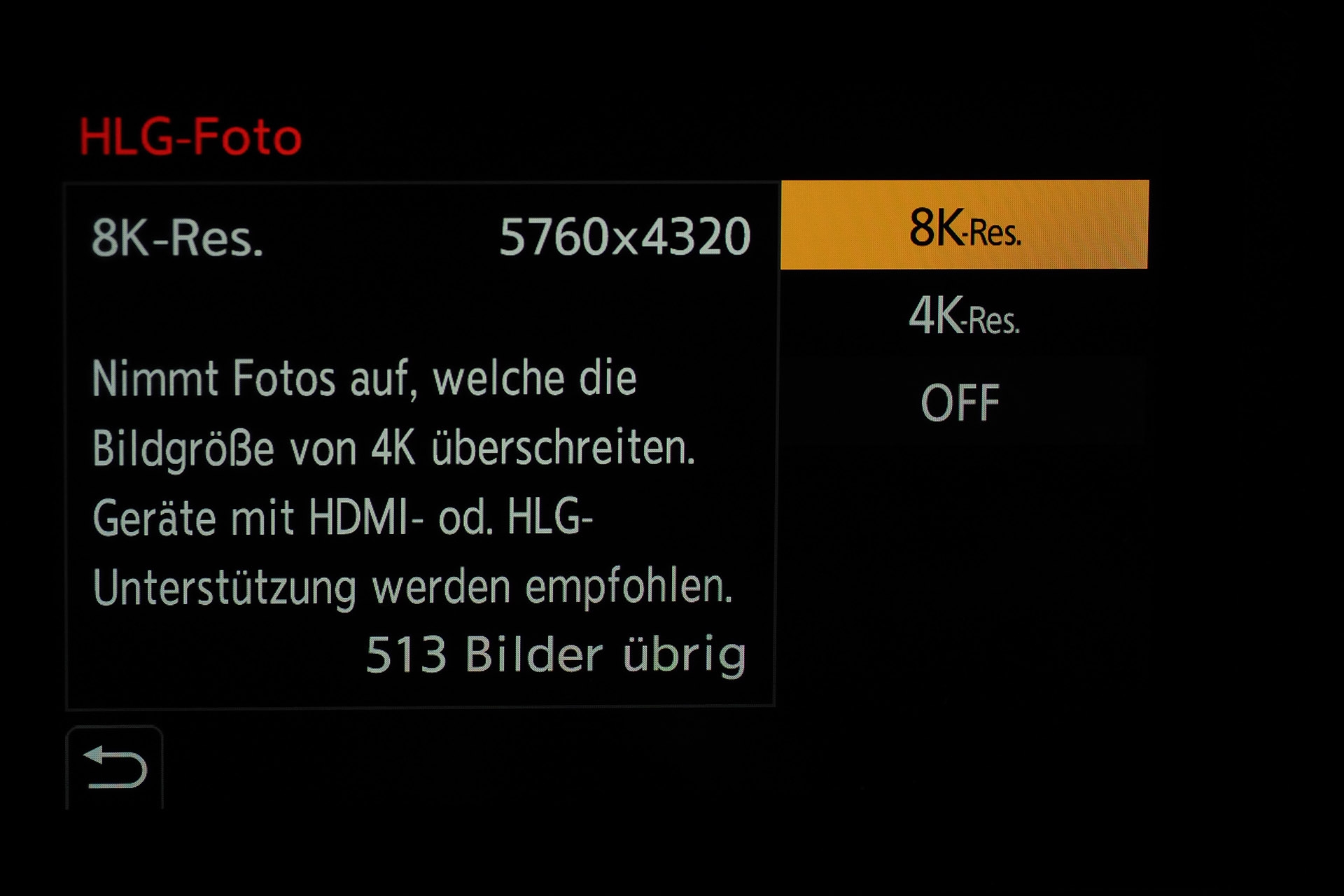 Auswahl der HLG-Fotogrösse.