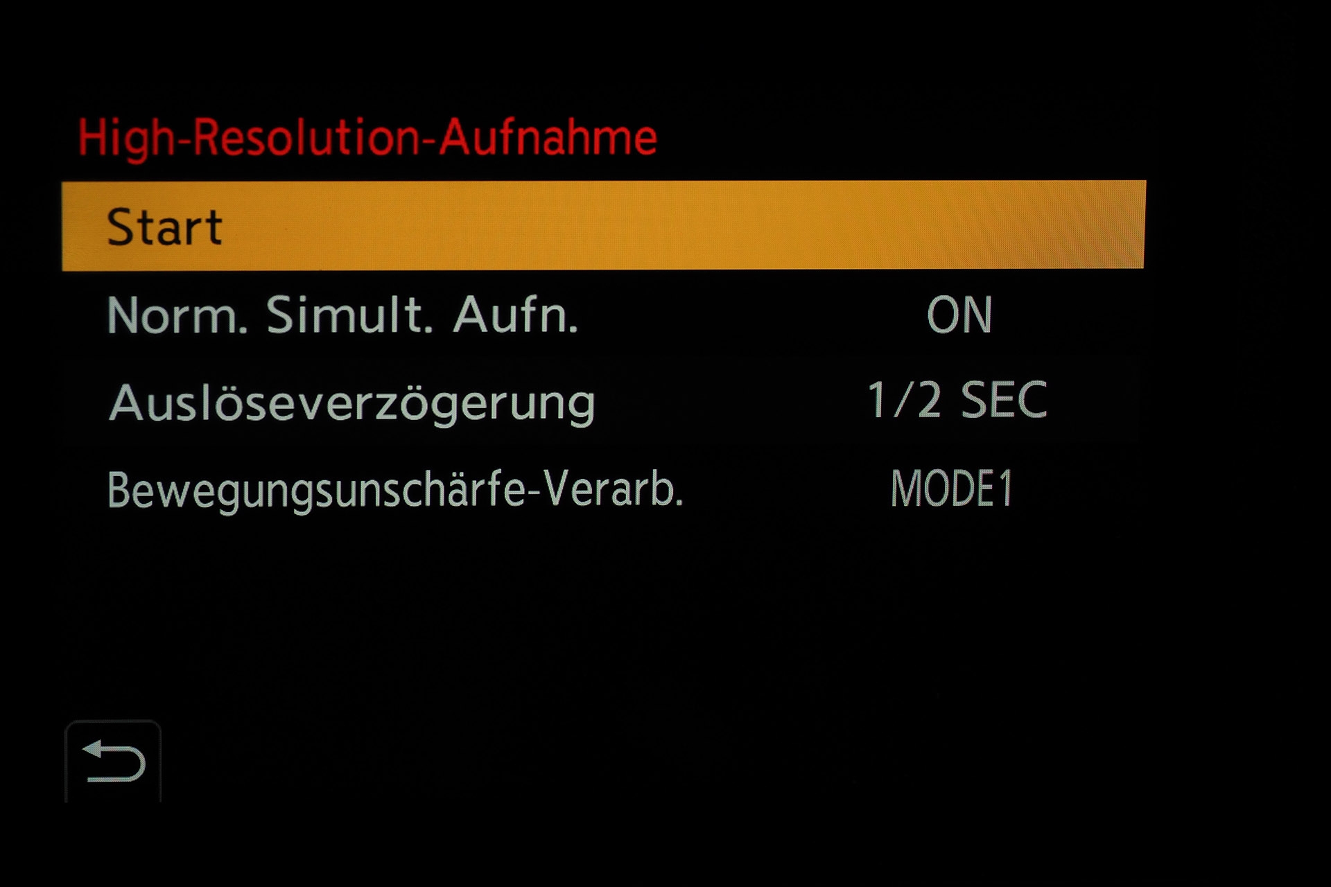 Einstellungen für High-Resolution-Aufnahmen.