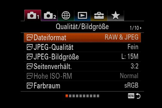 Hauptmenü mit Kamera-Einstellungen 1, Seite 1 von 10.