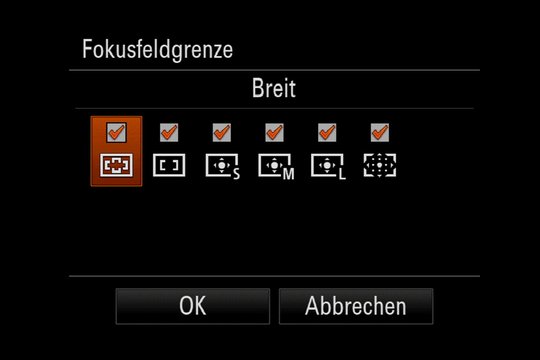 Kamera-Einstellung 1, Wahl der Fokusfeldgrenzen.