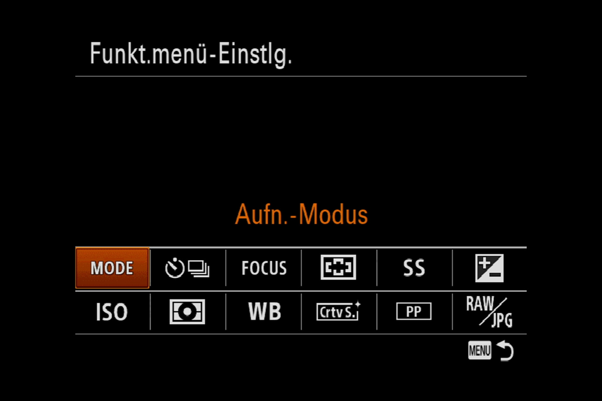 Funktionsmenü, Einstellungs-Übersicht.