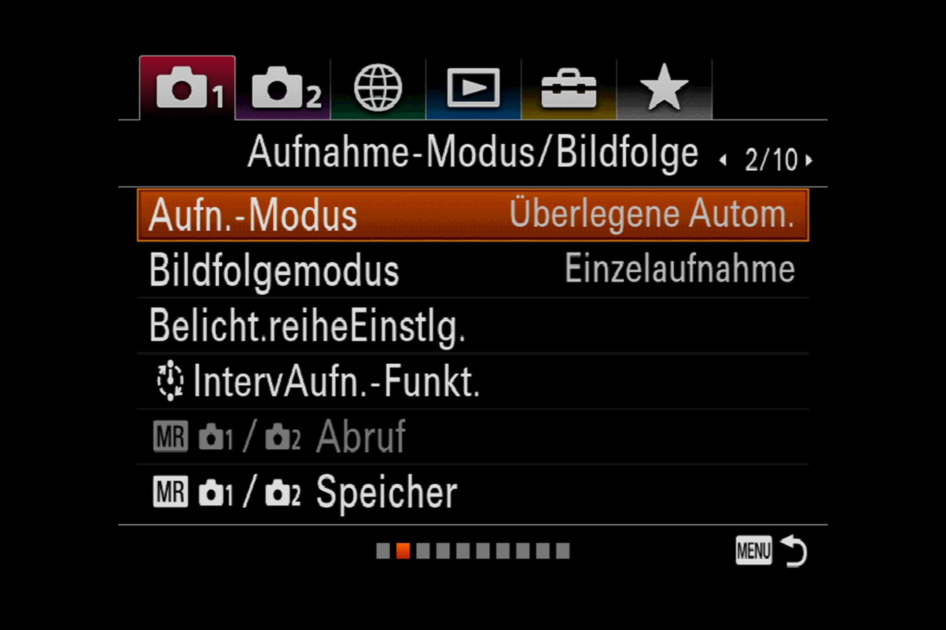 Kamera-Einstellung 1, Aufnahme-Modus und Belichtungsreihen.