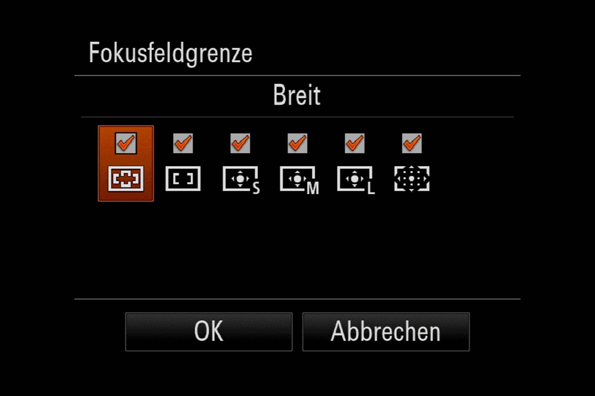 Kamera-Einstellung 1, Wahl der Fokusfeldgrenzen.