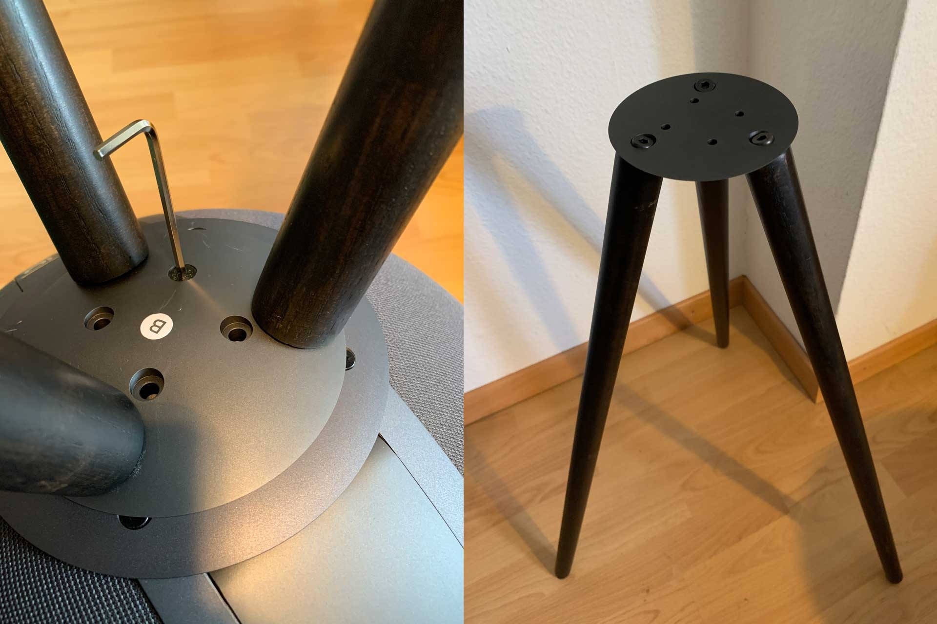 Für den Tripod wird der Lautsprecher an der Grundplatte angeschraubt. Darunter werden die drei Stützen ebenfalls angeschraubt. 