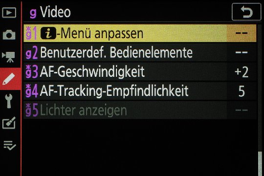 Individualfunktionen, Abschnitt g, Video, AF-Einstellungen