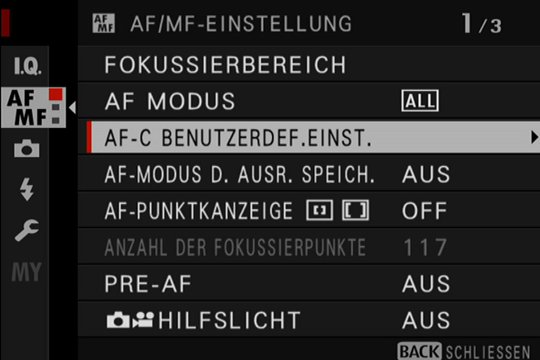 AF-C-Einstiegsmenü für benutzerdefinierte Einstellungen. 