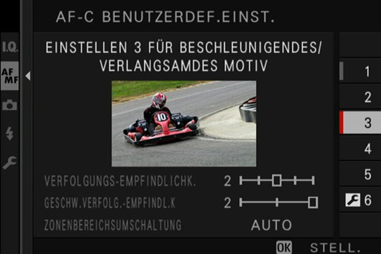 Einstellung 3: Autofokus kann plötzliche Beschleunigung oder abrupte Verzögerung erkennen, z.B. Motorsport, Fussball, Basketball. Die Rechtschreibung lässt zu wünschen übrig.