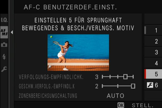 Einstellung 5: Anwendbar bei Objekten, welche die Geschwindigkeit wechseln und einen grossen Bewegungsraum haben (links, rechts, vorne, hinten), z.B. Tennis, Fussball. 