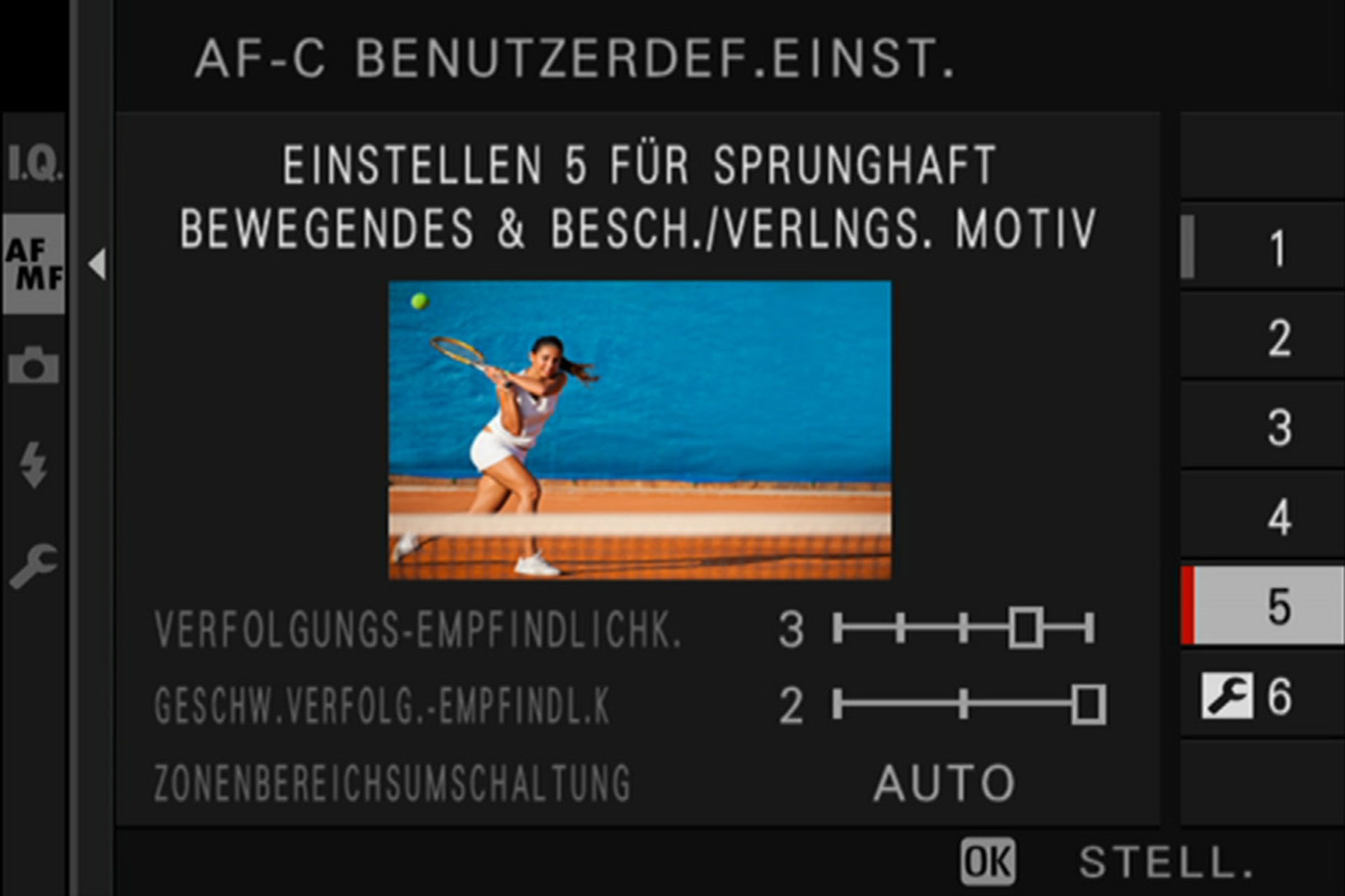 Einstellung 5: Anwendbar bei Objekten, welche die Geschwindigkeit wechseln und einen grossen Bewegungsraum haben (links, rechts, vorne, hinten), z.B. Tennis, Fussball. 