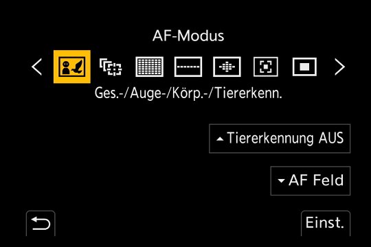 Auswahl der AF-Modi mit Tiererkennung.