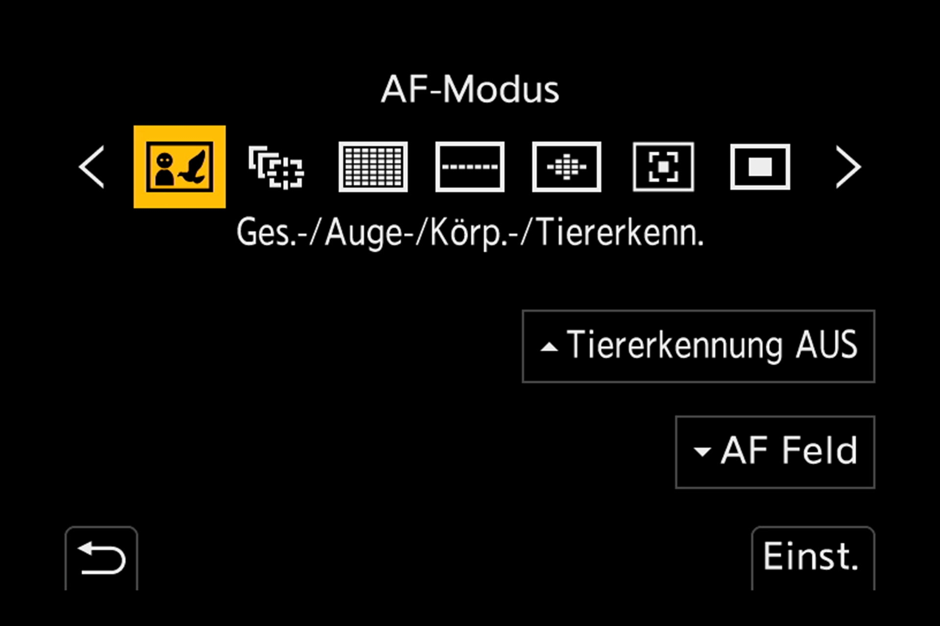 Auswahl der AF-Modi mit Tiererkennung.