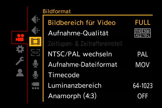 Video-Hauptmenü, Videobildformat