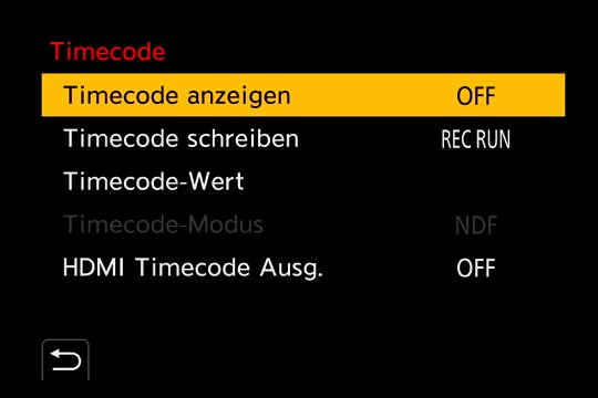 Video-Untermenü, Timecode-Einstellungen