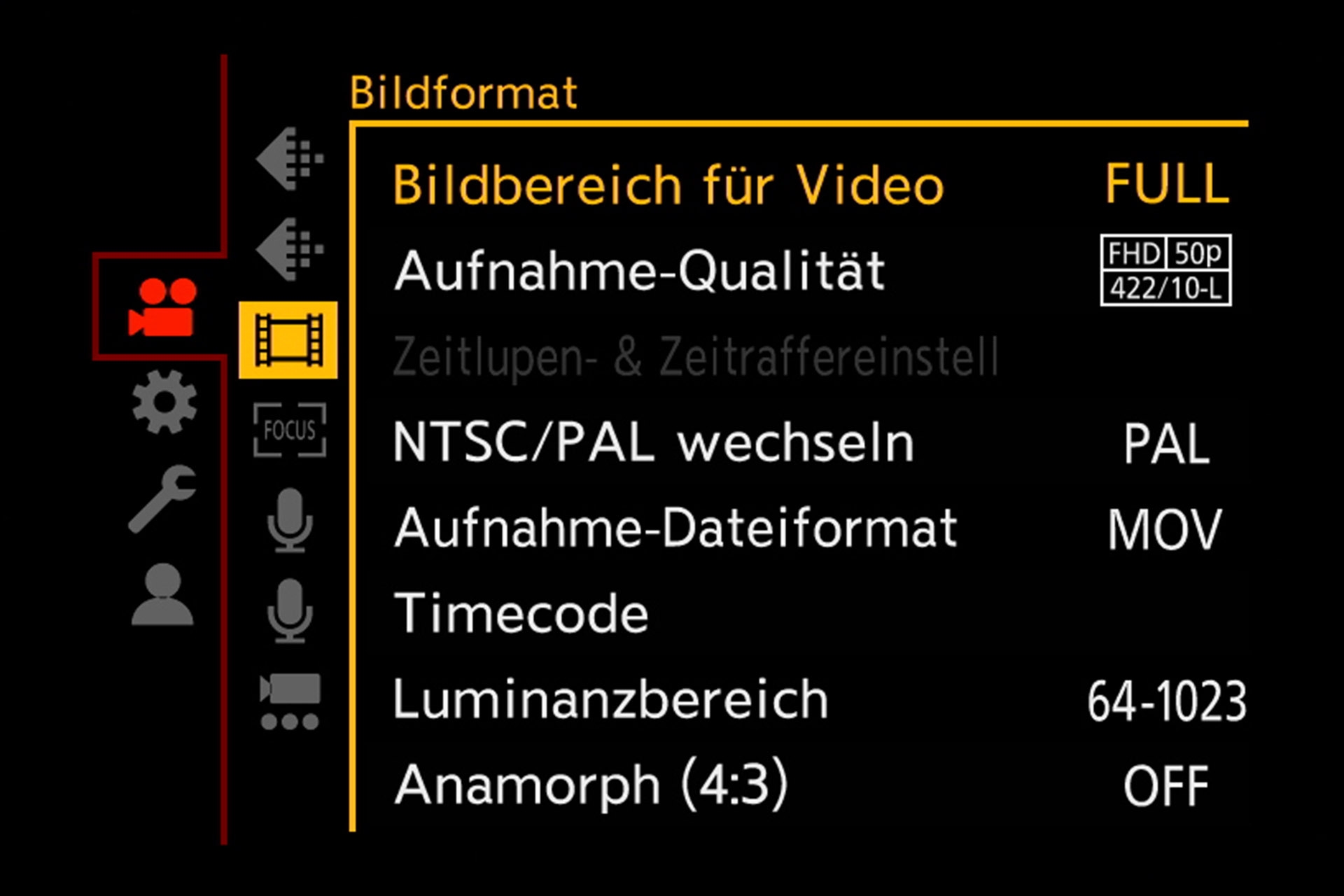Video-Hauptmenü, Videobildformat